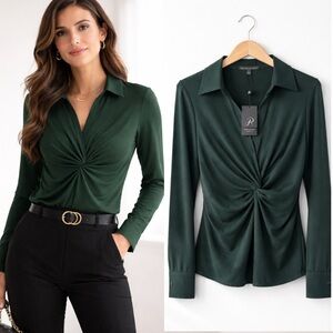 Adrianna Papell Green Long Sleeve Twist Front Top – New with Tags